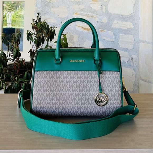 Michael Kors MEDIUM Travel DUFFLE Bag Satchel Leather/Coated Palmetto Green NWT - Picture 1 of 7